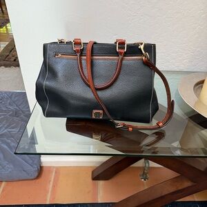Dooney & Bourke Black Pebbled Leather Satchel with Brown Trim